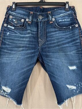 TRUE RELIGION Men's Distressed Dark Blue Denim Shorts